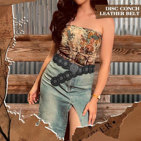 Women Vintage Disc Waist Belts Concho Leather Belts Boho Waist Belt Black Buckle main image 6